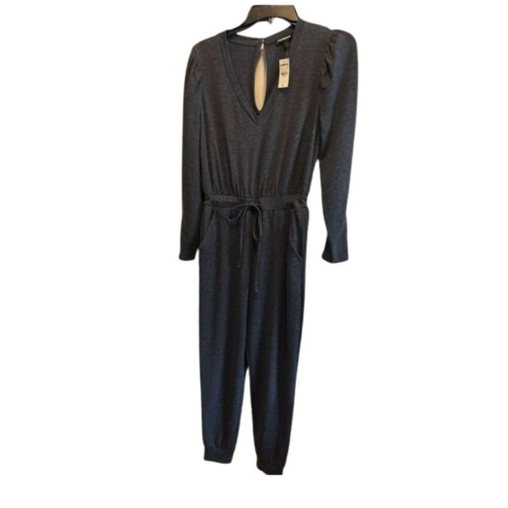 🆕 EXPRESS SZ SMALL Drawstring Jogger Jumpsuit Dark Gray Heather V-Neck